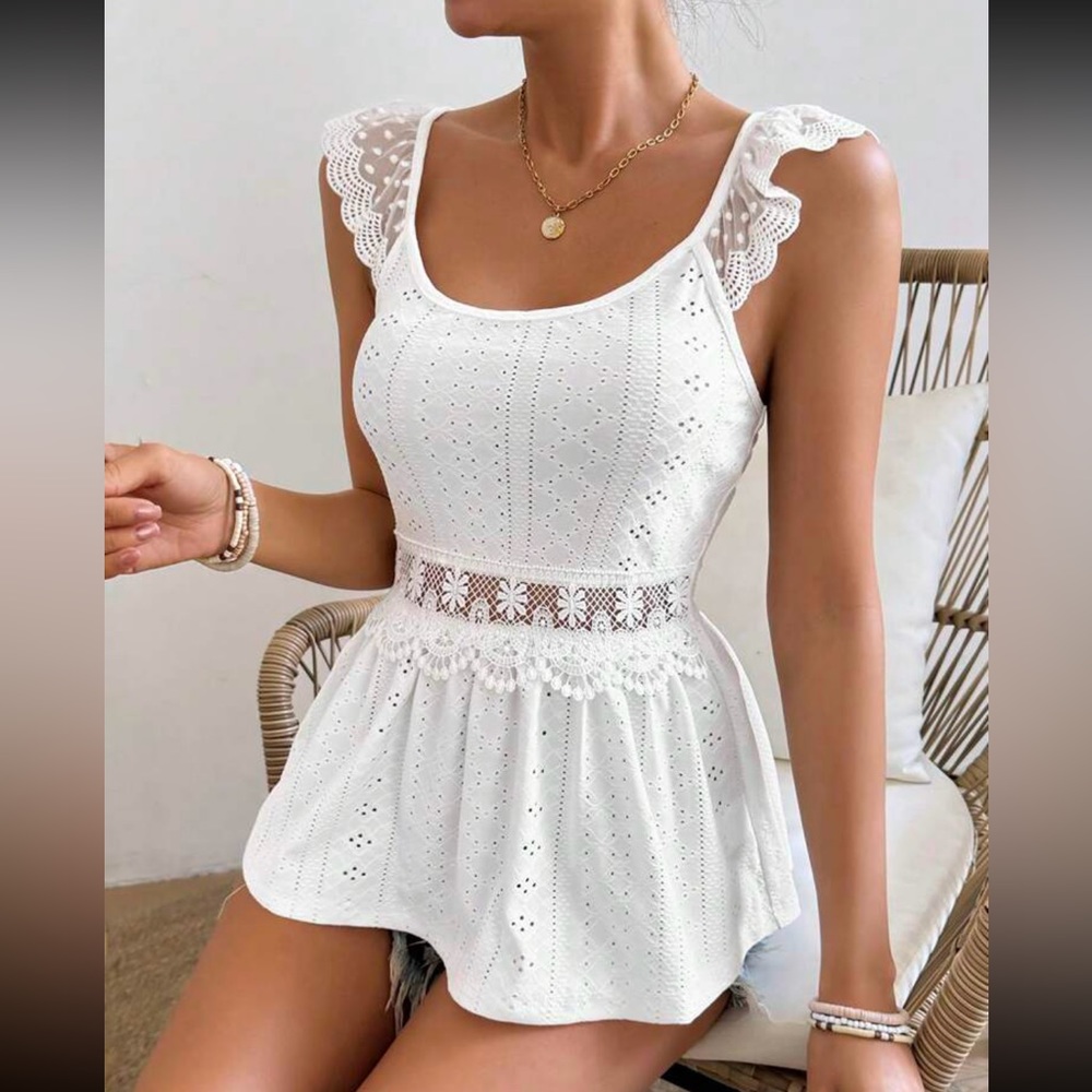 Boho Eyelet Sheer Mesh Embroidery Lace Peplum Sleeveless Top Blouse Shirt - Picture 5 of 5